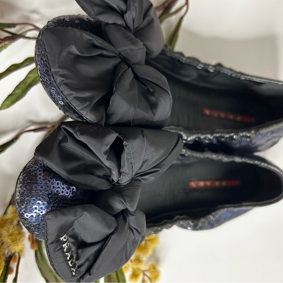 PRADA RARE BALLET FLATS SEQUENCE GLITTER BLACK Genuine  PATENT SATIN BOW - Picture 4 of 15